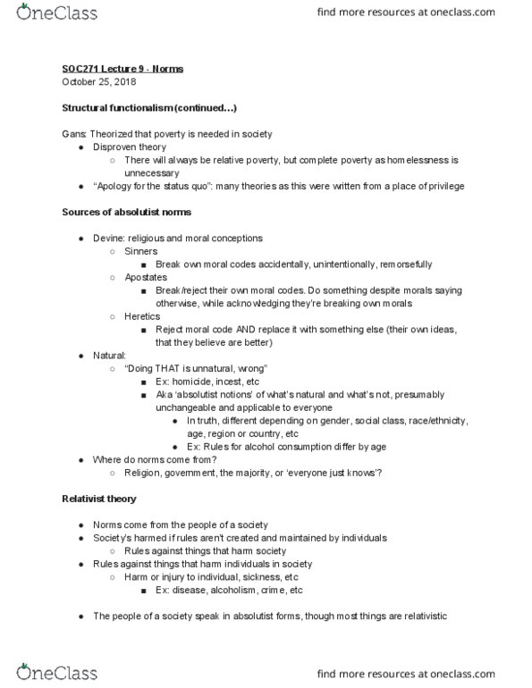 SOC 271 Lecture Notes - Lecture 9: Structural Functionalism, Homicide cover image