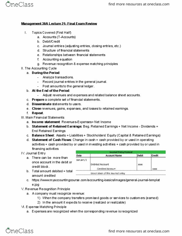 MGMT 30A Lecture Notes - Lecture 21: Retained Earnings, Revenue Recognition, General Ledger thumbnail