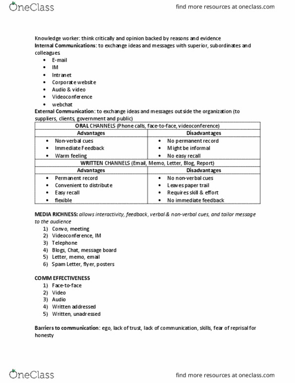 COMM 205 Lecture Notes - Lecture 3: Videotelephony, Intranet, Knowledge Worker thumbnail