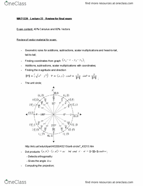 MAT 1339 Lecture Notes - Lecture 27: Unit Circle, Cross Product, Parallelogram cover image