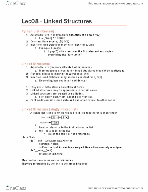 CS234 Lecture Notes - Linked List, Reference Class Problem, Time Complexity thumbnail