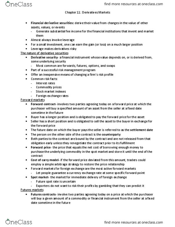 FIN 4313 Chapter Notes - Chapter 11: Forward Price, Forward Market, Spot Market thumbnail