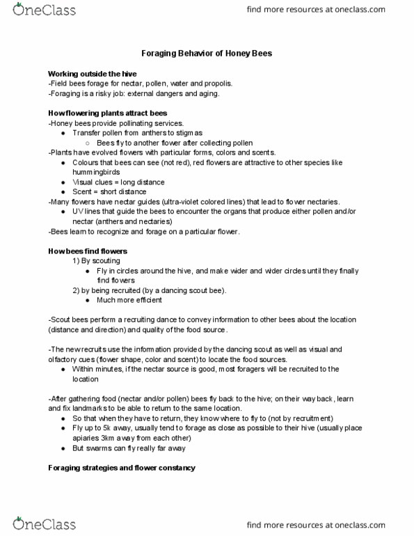 ENVS 2210 Lecture Notes - Lecture 14: Flower Constancy, Nectar, Propolis thumbnail