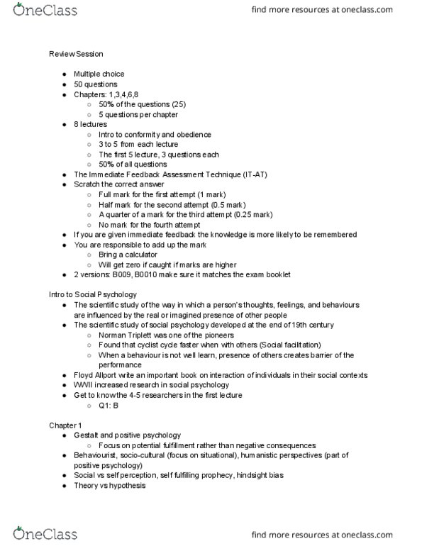 PSYC 2310 Lecture Notes - Lecture 23: Floyd Henry Allport, Positive Psychology, Social Facilitation thumbnail