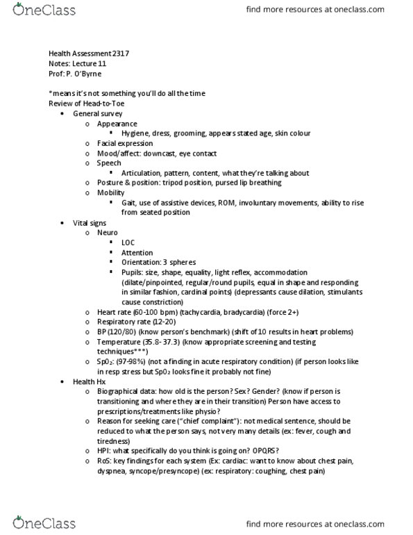 NSG 2317 Lecture Notes - Lecture 11: Chest Pain, Pupillary Reflex, Respiratory Rate thumbnail