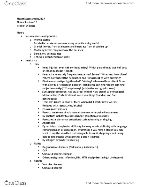 NSG 2317 Lecture Notes - Lecture 10: Epilepsy, Dysarthria, Dysmetria thumbnail