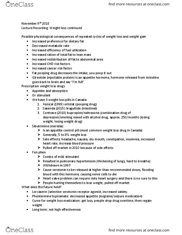 KINE 1020 Lecture Notes - Lecture 9: Serotonin Receptor Agonist, Lorcaserin, Combination Drug thumbnail