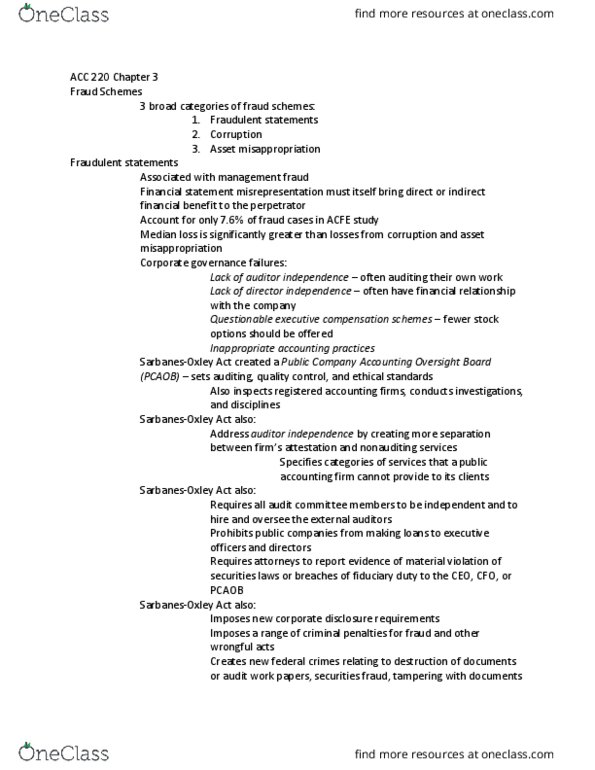 ACC 220 Lecture Notes - Lecture 11: Public Company Accounting Oversight Board, Securities Fraud, Fiduciary thumbnail