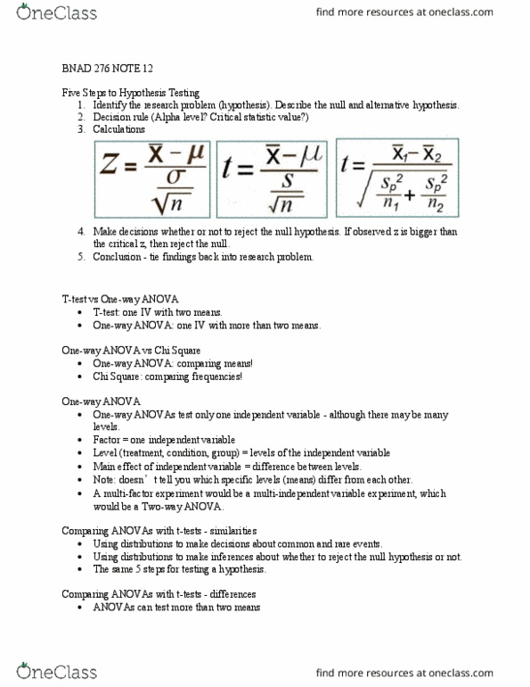 BNAD 276 Lecture Notes - Lecture 12: Null Hypothesis, Statistical Hypothesis Testing, Standard Deviation thumbnail