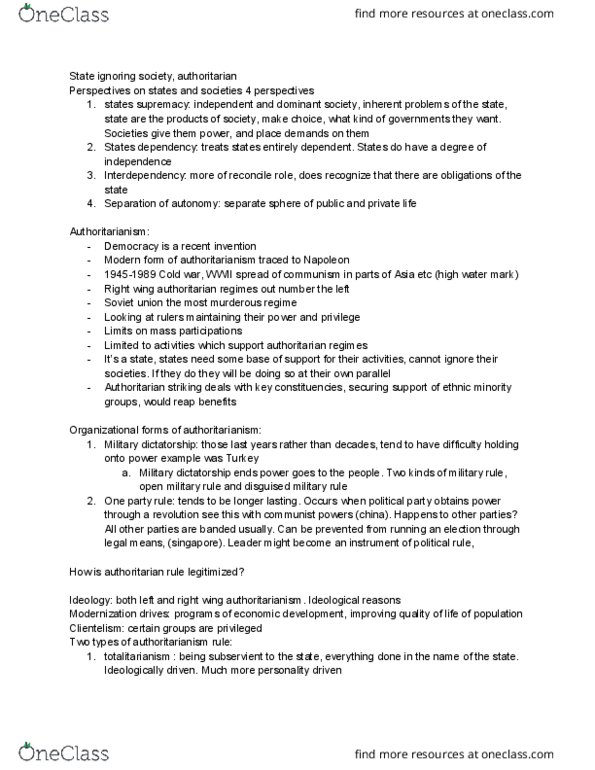 POL 2104 Lecture Notes - Lecture 9: Military Dictatorship, Authoritarianism, Clientelism thumbnail