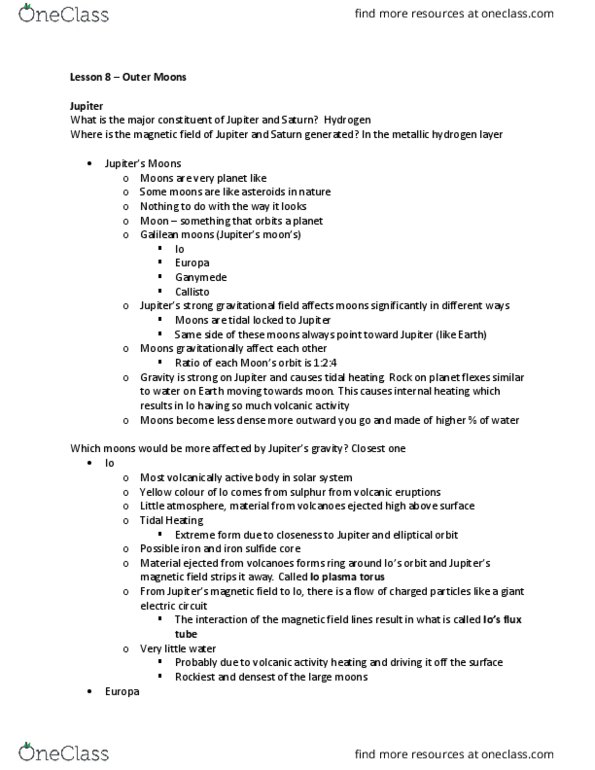 NATS 1570 Lecture Notes - Lecture 8: Magnetosphere Of Jupiter, Galilean Moons, Tidal Heating thumbnail