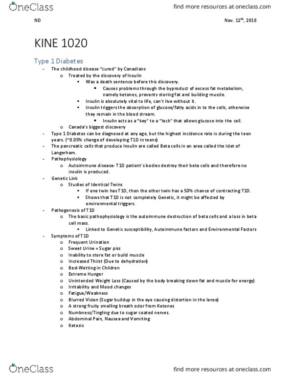 KINE 1020 Lecture Notes - Lecture 19: Autoimmune Disease, Beta Cell, Public Health Genomics thumbnail