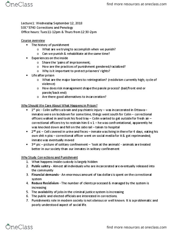 SOC 3740 Lecture Notes - Lecture 1: Solitary Confinement, Prison Officer, Michel Foucault thumbnail