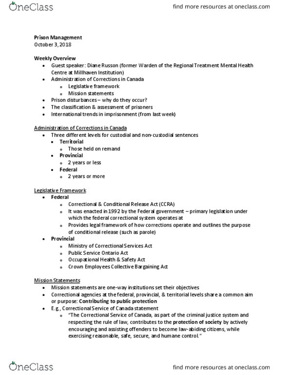 SOC 3740 Lecture Notes - Lecture 4: Millhaven Institution, Correctional Service Of Canada, Department Of Justice And Correctional Services thumbnail