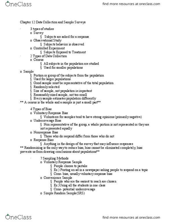 STAT 100 Chapter Notes - Chapter 1: Response Bias thumbnail