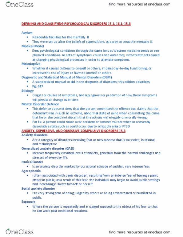 PSYC 1000 Lecture Notes - Lecture 2: Social Anxiety Disorder, Generalized Anxiety Disorder, Panic Disorder thumbnail