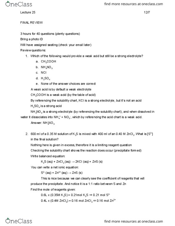 CHEM 1A Lecture Notes - Lecture 25: Strong Electrolyte, Zinc Sulfide, Chemical Equation cover image