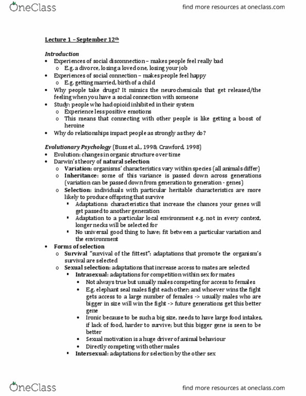 PSY424H1 Lecture Notes - Lecture 1: Sexual Selection, David Buss, The Need thumbnail