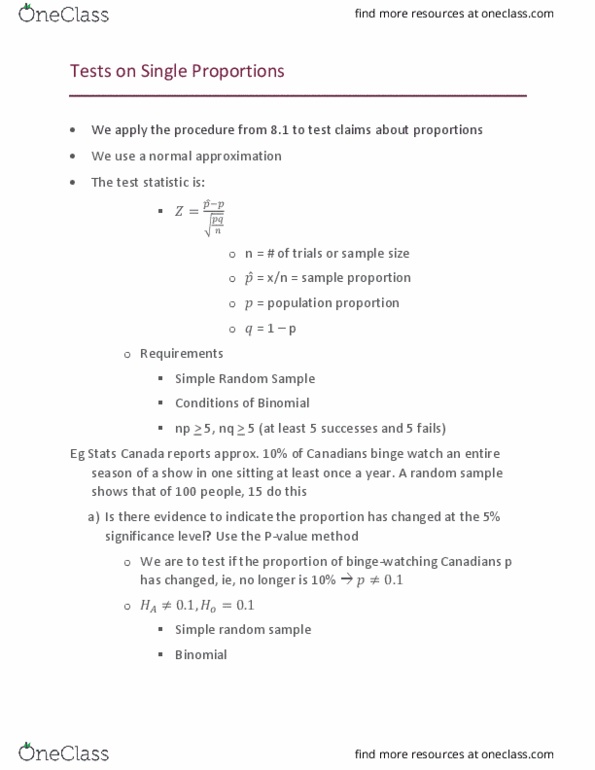 MATH 1P98 Lecture Notes - Lecture 20: Simple Random Sample, Test Statistic cover image