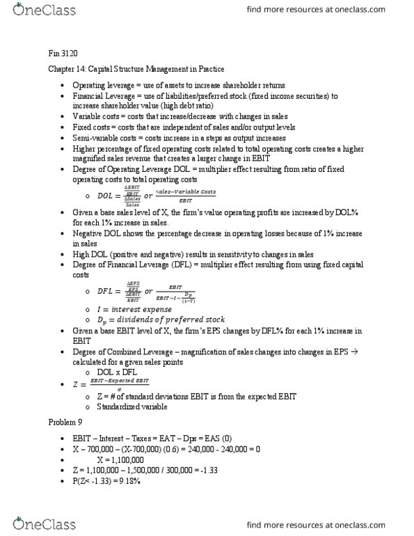 FIN-3120 Lecture Notes - Lecture 3: Operating Leverage, Capital Structure, Fixed Capital thumbnail