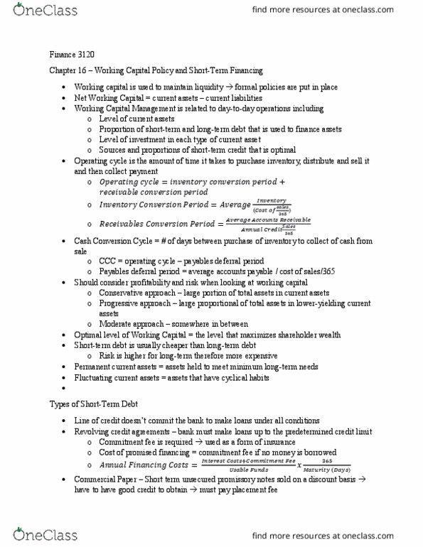 FIN-3120 Lecture Notes - Lecture 5: Revolving Credit, Working Capital, Accounts Payable thumbnail