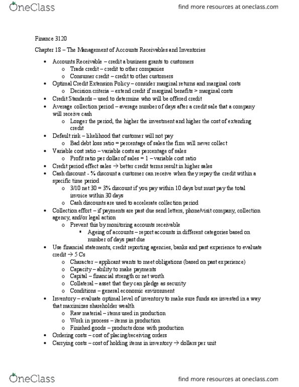 FIN-3120 Lecture Notes - Lecture 6: Trade Credit, Accounts Receivable, Credit Risk thumbnail