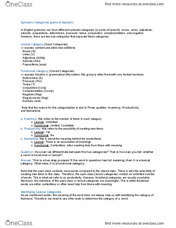 LINB18H3 Chapter Notes - Chapter 2: Part Of Speech, Syntactic Category, Preposition And Postposition thumbnail