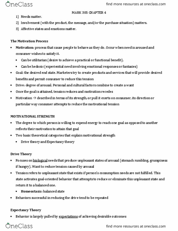 MARK 305 Lecture Notes - Lecture 4: Stomach Rumble, Drive Theory, Expectancy Theory thumbnail