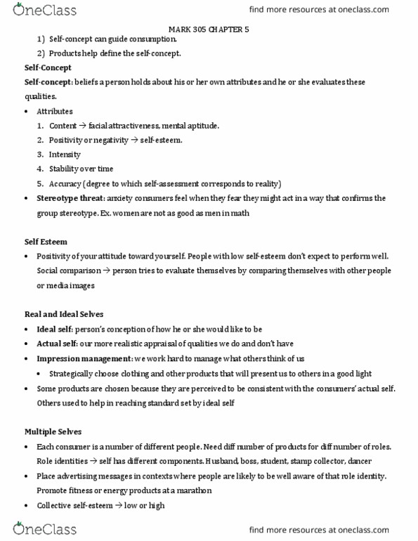 MARK 305 Lecture Notes - Lecture 5: Self Esteem (Song), Stereotype Threat, Impression Management thumbnail