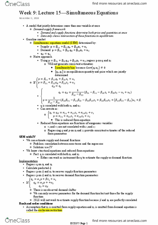 ECO375H1 Lecture Notes - Lecture 9: Simultaneous Equations Model, Instrumental Variable, Reduced Form thumbnail
