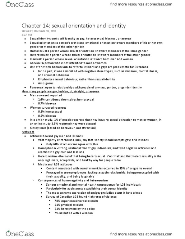 Psychology 2075 Chapter Notes - Chapter 14: Kinsey Scale, Homophobia, Sexual Identity thumbnail