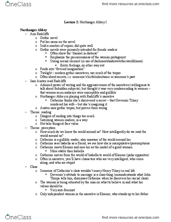 ENGLISH 3H03 Lecture Notes - Lecture 2: Jane Austen, Northanger Abbey, Antifeminism thumbnail