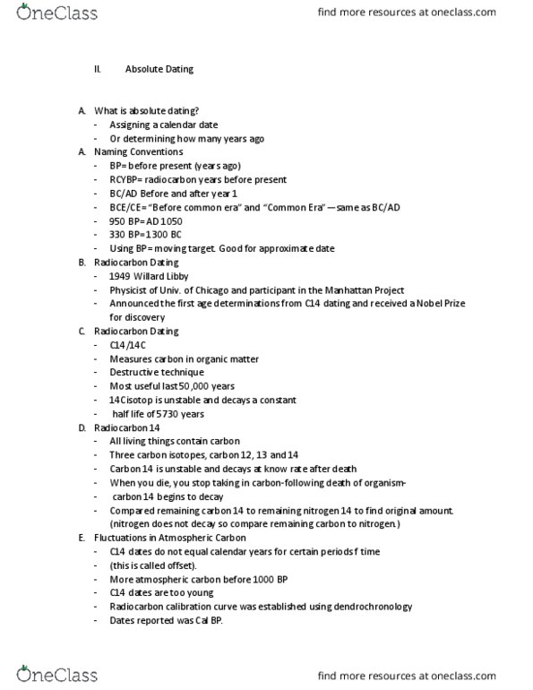 ANTH 210 Lecture Notes - Lecture 17: Absolute Dating, Willard Libby, Before Present thumbnail