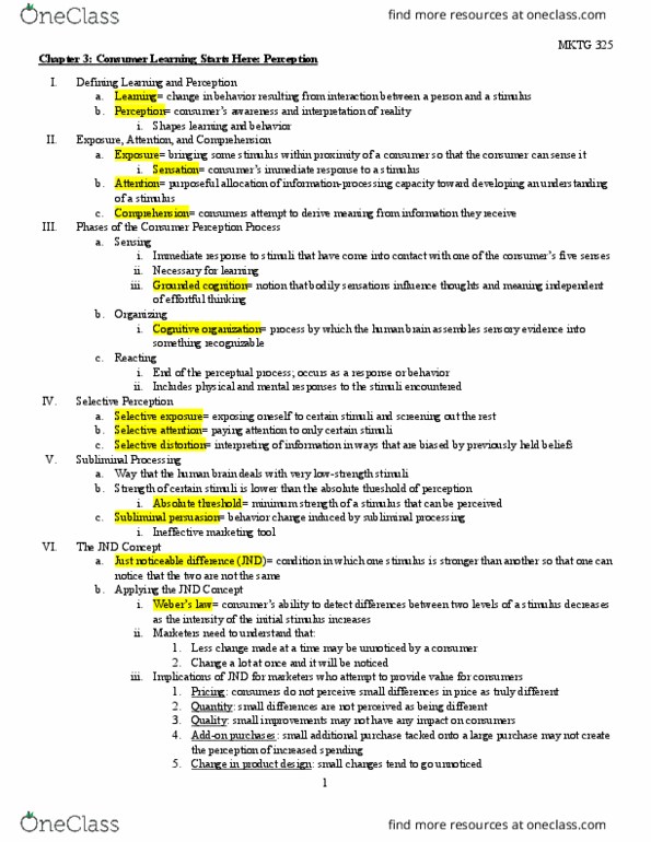 MKTG 325 Chapter Notes - Chapter 3: Absolute Threshold, Selective Exposure Theory, Behaviorism thumbnail
