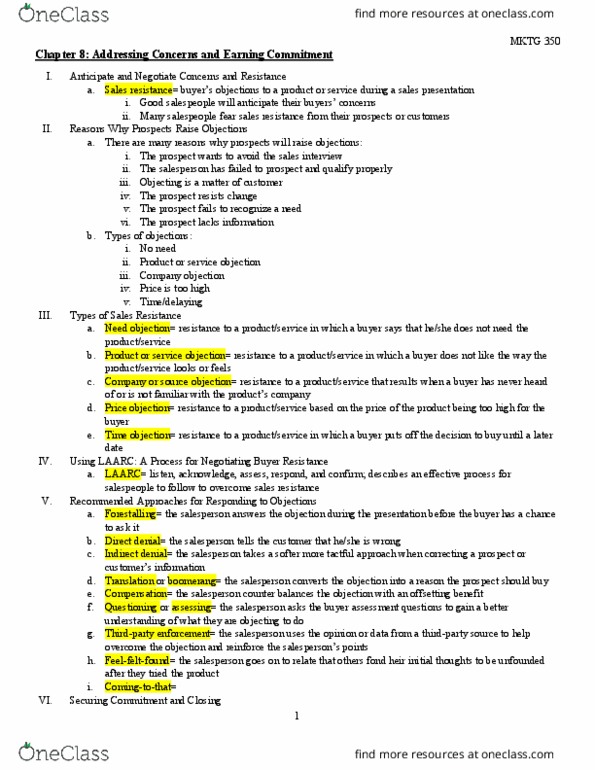 MKTG 350 Chapter Notes - Chapter 8: Sales thumbnail