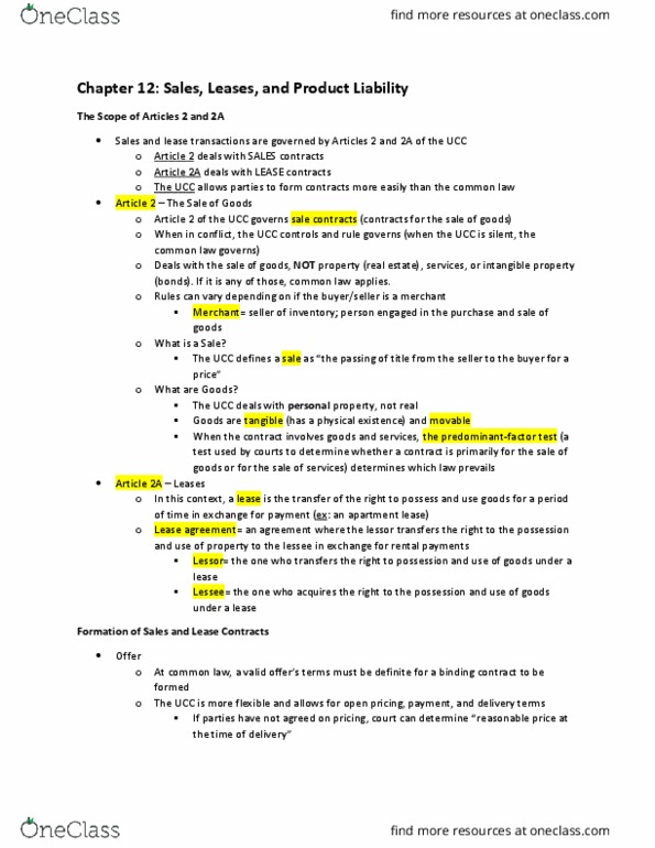 MGMT 217 Chapter Notes - Chapter 12: Intangible Property, Product Liability, Oral Contract thumbnail