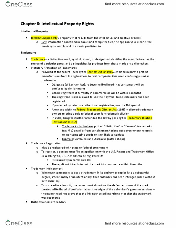 MGMT 217 Chapter Notes - Chapter 8: Trademark Dilution, Lanham Act, Service Mark thumbnail
