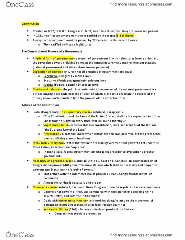 MGMT 217 Chapter Notes - Chapter 4: Supremacy Clause, Commerce Clause, Patriot Act thumbnail