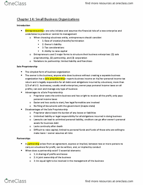 MGMT 217 Chapter Notes - Chapter 14: Limited Liability Partnership, Sole Proprietorship, Capital Structure thumbnail