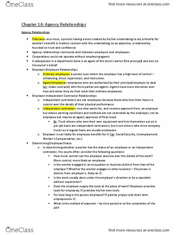 MGMT 217 Chapter Notes - Chapter 16: Independent Contractor, Fiduciary, Actual Notice thumbnail