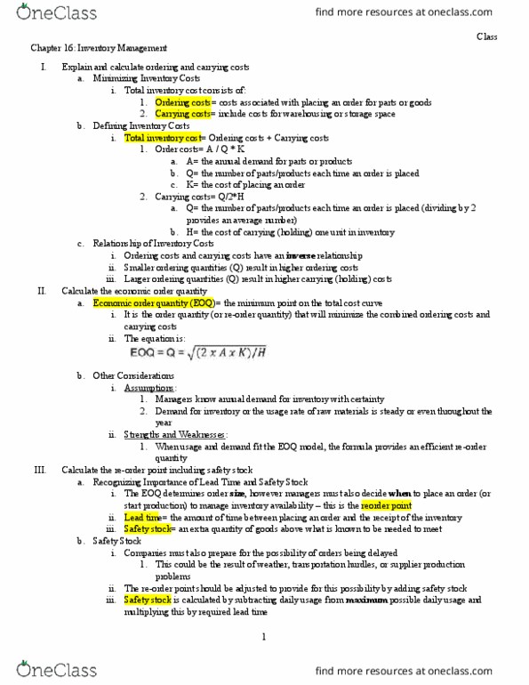 ACCY 307 Chapter Notes - Chapter 16: Economic Order Quantity, Safety Stock, Lead Time thumbnail