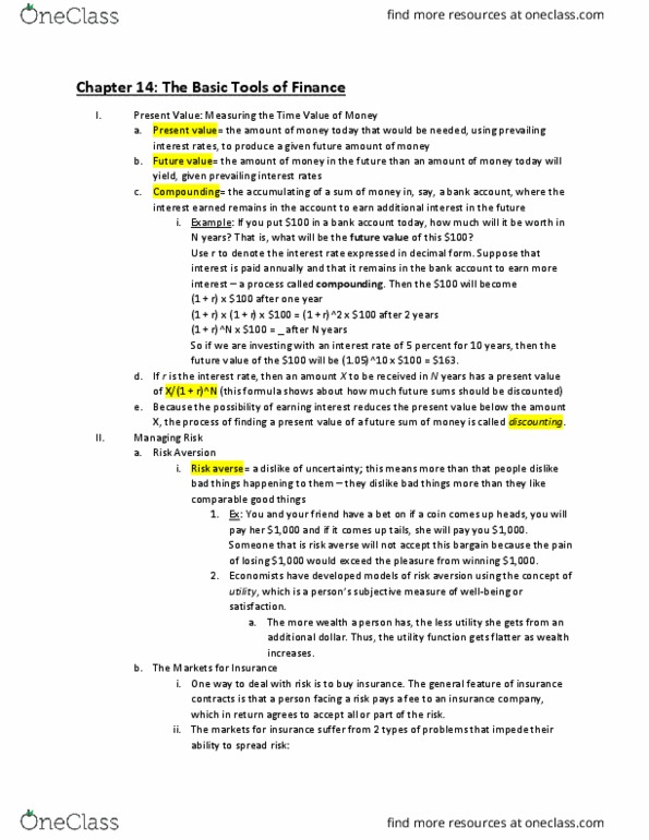 ECON 261 Chapter Notes - Chapter 14: Risk Aversion, Market Risk, Utility thumbnail