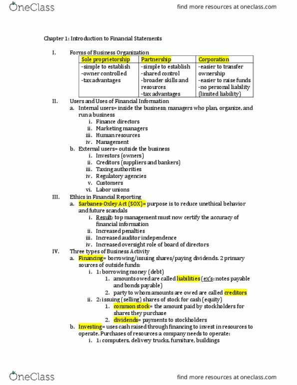 ACCY 206 Chapter Notes - Chapter 1: Sole Proprietorship, Promissory Note, Financial Statement thumbnail