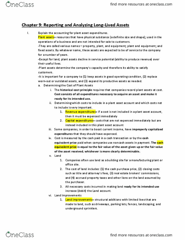 ACCY 206 Chapter Notes - Chapter 9: Record Plant, Historical Cost, Income Statement thumbnail