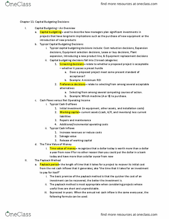ACCY 207 Chapter Notes - Chapter 11: Earnings Before Interest And Taxes, Payback Period, Capital Budgeting thumbnail