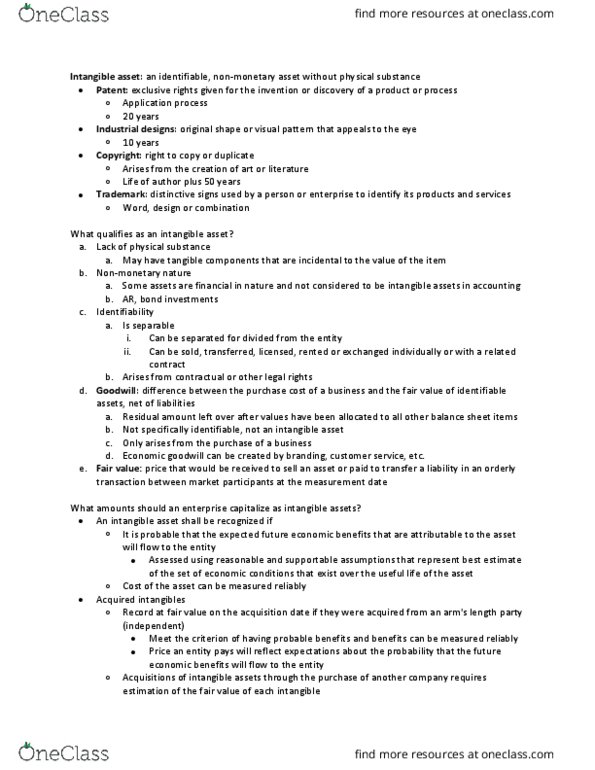 AFM291 Chapter Notes - Chapter 9: Intangible Asset, Identifiability, Book Value thumbnail