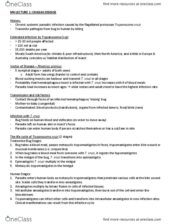 LIFESCI 3AA3 Lecture Notes - Lecture 16: Rhodnius Prolixus, Chagas Disease, Metacyclic Group thumbnail