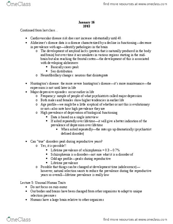 PSYCH 3F03 Lecture Notes - Brain Size, Cardiovascular Disease, Hunter-Gatherer thumbnail