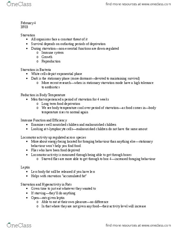 PSYCH 3F03 Lecture Notes - Starvation Response, Animal Locomotion, Leptin thumbnail
