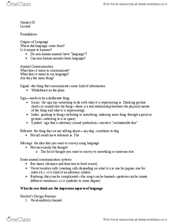 PSYCH 3UU3 Lecture Notes - Animal Communication, Spoken Language, Animal Language thumbnail